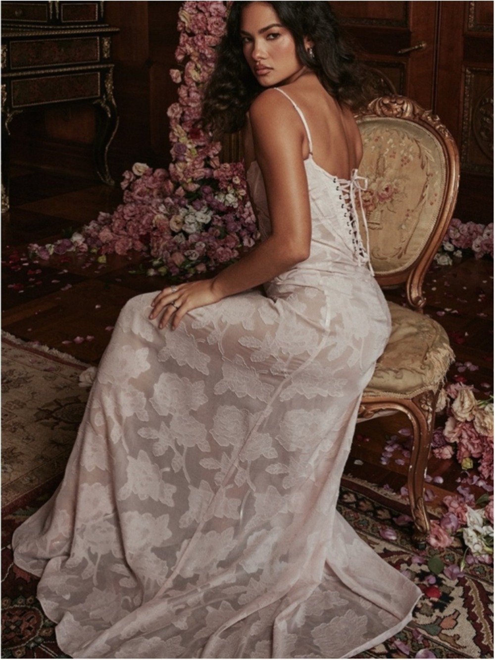 NWT House of Cb 'Seren' Soft Pink Floral Lace Back Maxi Dress Balletcore XL A/C - Picture 2 of 8